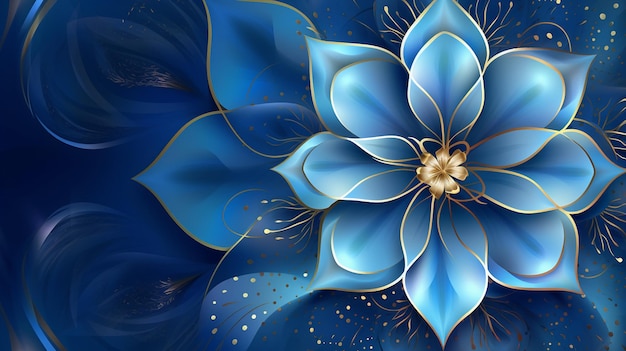 a blue flower with gold leaves on a blue background.