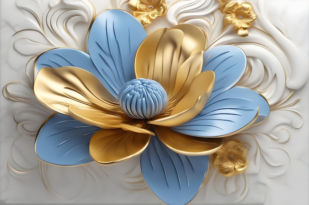 a blue flower with gold leaves and gold leaves