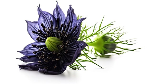 A blue flower with a green stem is on a white background.