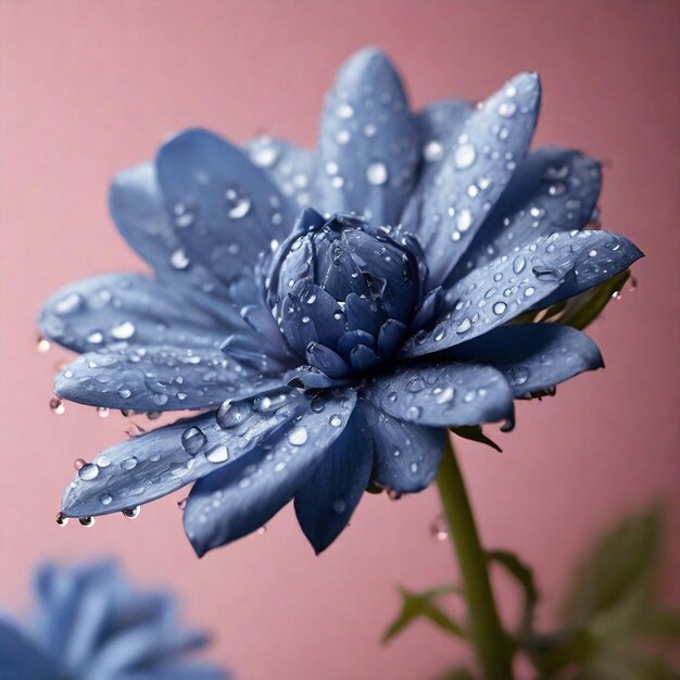 a blue flower with rain drops on it