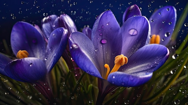 A blue flower with rain drops on it