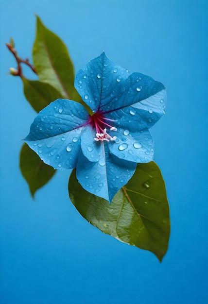 青い空を背景に水滴が浮かぶ青い花