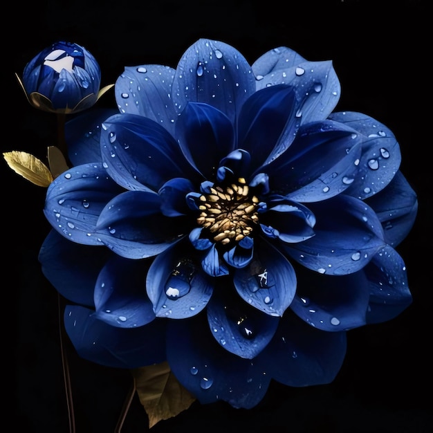 黒い背景に水滴が散らばっている青い花 く花は春のシンボル 新たな生命