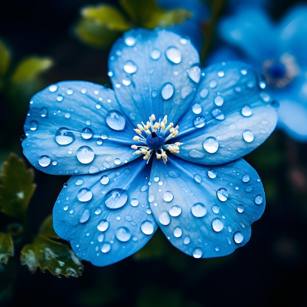 a blue flower with water drops on it and the drops of water on it