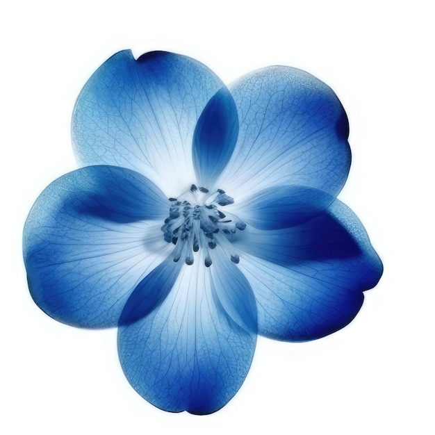 A blue flower with a white background with the words