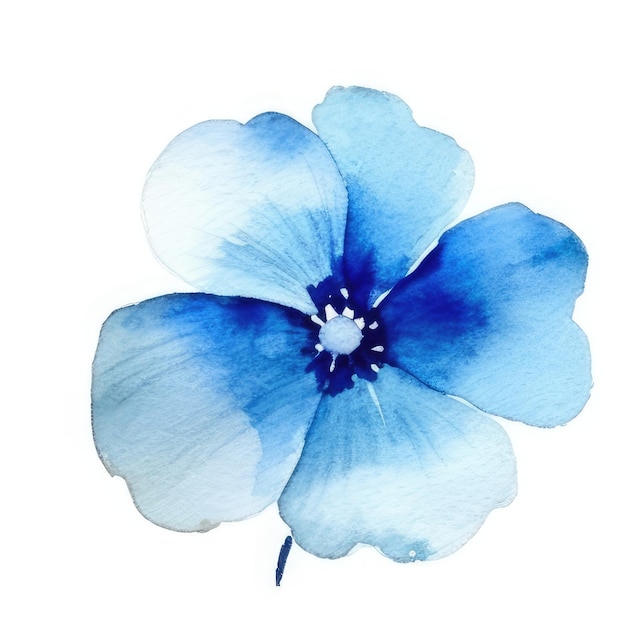 A blue flower with a white center and blue watercolors