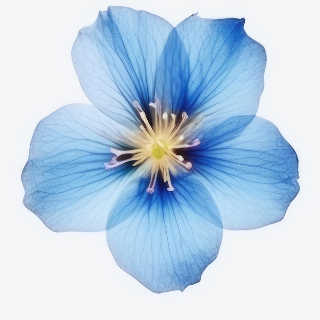 A blue flower with a yellow center and the center is a blue flower.