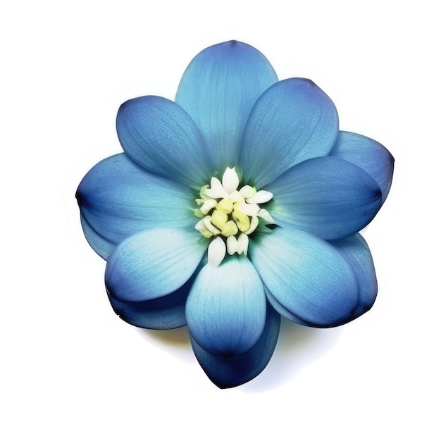 A blue flower with a yellow center and the center is white.