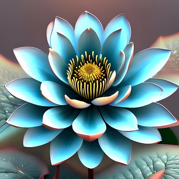 A blue flower with a yellow center and a green leaf.