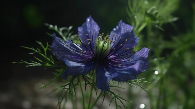 A blue flower with a yellow center