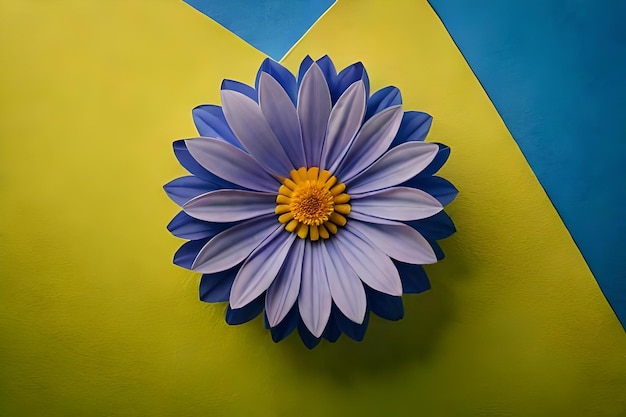 A blue flower with yellow petals on a yellow background