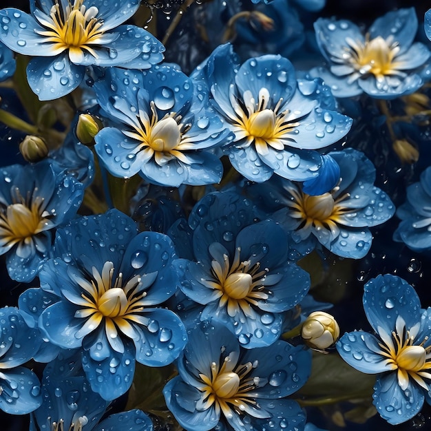 물방울로 장식된 푸른 꽃은 자연의 우아함을 표현합니다.