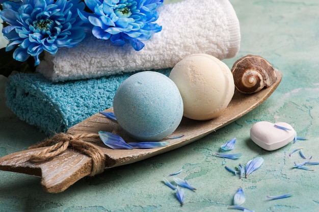 Blue flowers and bath bombs