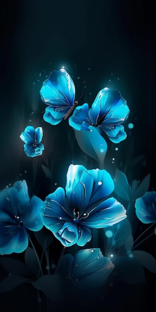 Blue flowers on a black background