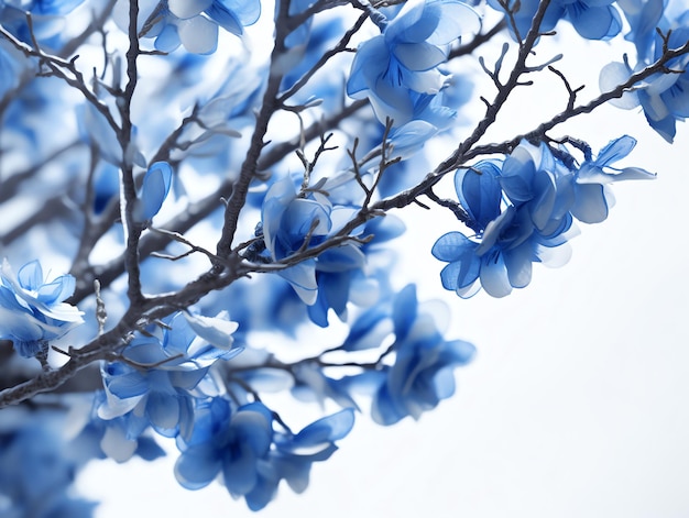 Blue flowers in bloom on tree branches with blurred white background