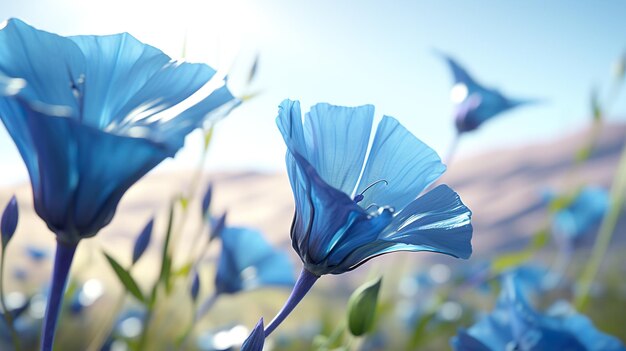 blue flowers on a blue background with water drops