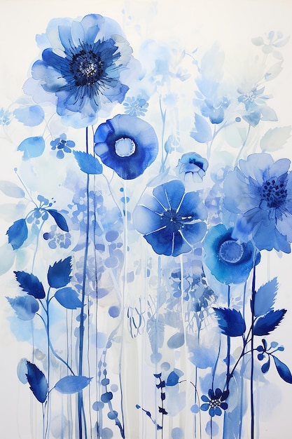 푸른 수채화 그림에 파란 꽃