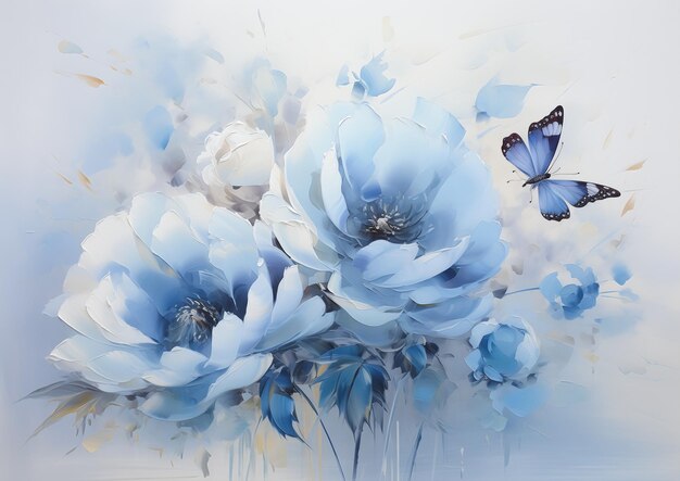 Photo blue flowers butterfly flying white fog frozen absence makes heart grow fonder pale digital oil