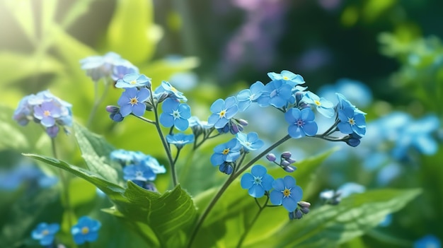 Blue flowers in the garden with green leaves