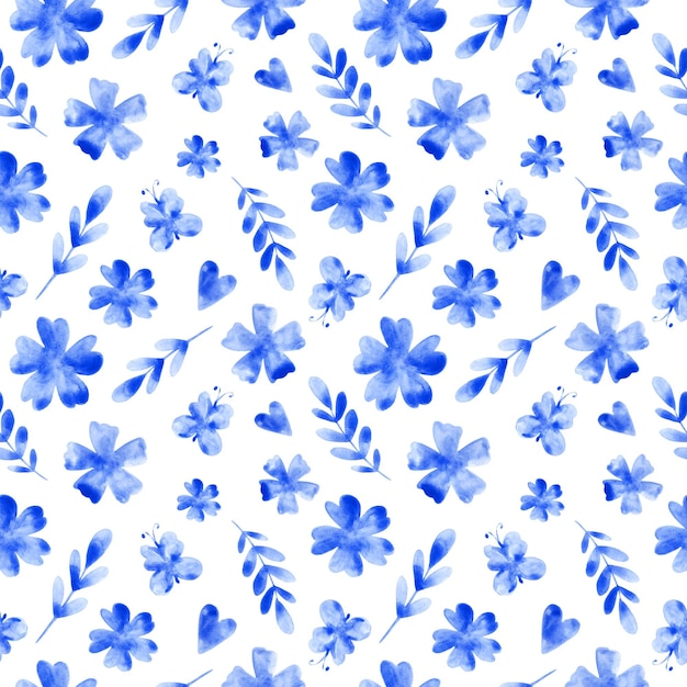 Blue flowers, leaves, butterflies seamless pattern on white background. Watercolor cute botanical repeat print for textile, fabric, wallpaper, wrapping paper and decoration.