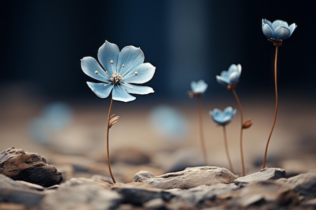 blue flowers on rocks in the middle of the night