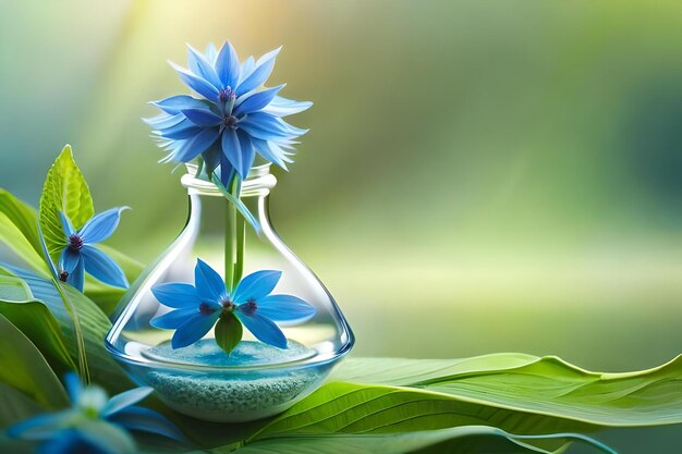 Photo blue flowers in a vase with a green background