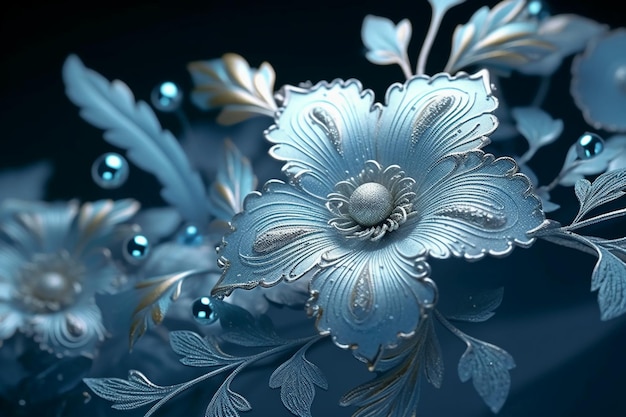 Blue flowers with ornaments on blue background AI generative