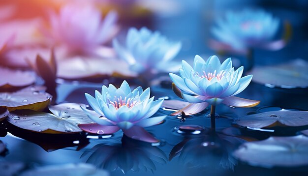 写真 ピンクの花びらで青い花と花の反射