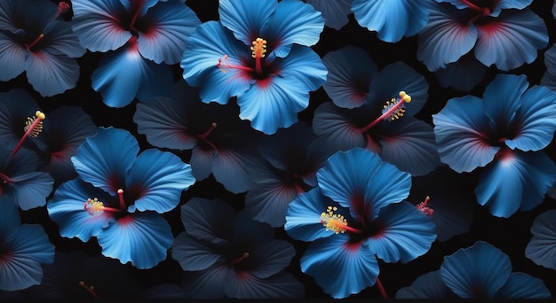 голубые цветы с красными и голубыми лепестками на черном фоне