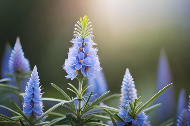 blue flowers with the sun behind them