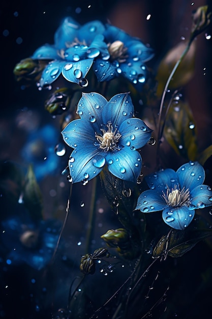 写真 暗い背景の青い花と水滴