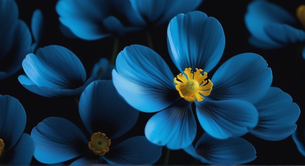 blue flowers with yellow center on a dark background