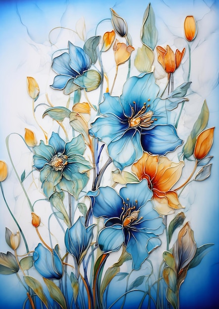 blue flowers yellow centers large translucent statues toned orange color paint glass microchip