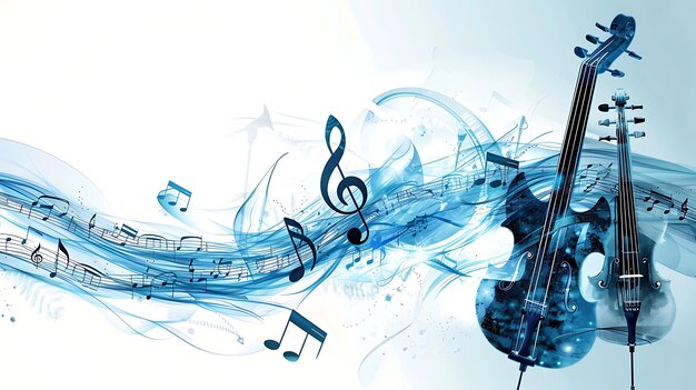 Photo blue flowing music notes with a cello