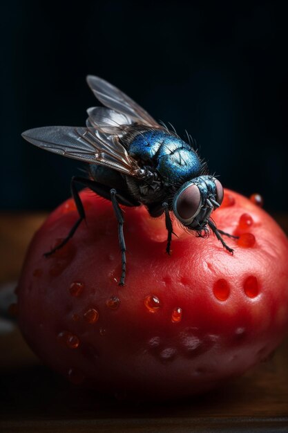 A blue fly sits on a strawberry