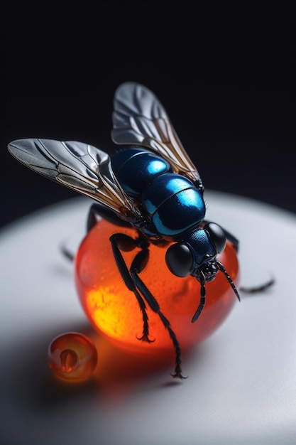 A blue fly sits on a tomato with a black background.