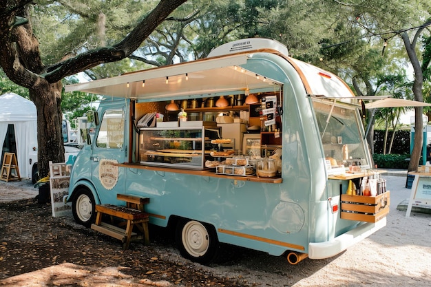 A blue food truck parked under a tree offering convenient dining options in a natural setting A charming food truck that specializes in crepes and pastries AI Generated