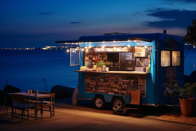 Photo a blue food truck with a note on the side of it