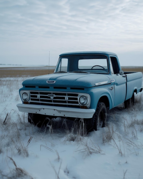 Blue Ford F100 V8 1970 In field full of snow Generative AI