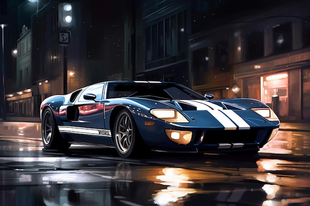 Синий автомобиль ford gt под дождем