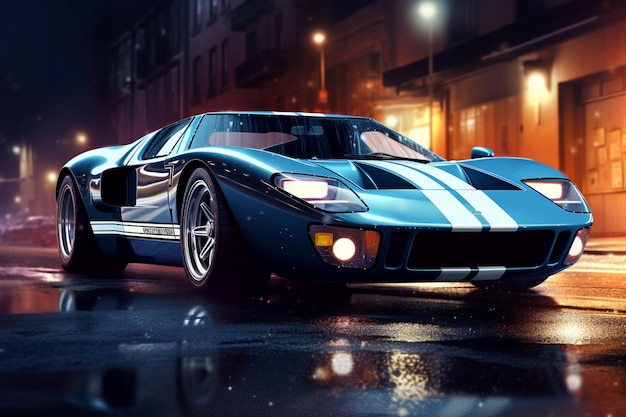 Синий Ford GT с полосатой полосой ночью едет по мокрой улице.