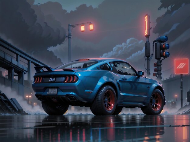 A blue ford mustang with red rims and a red light on the side
