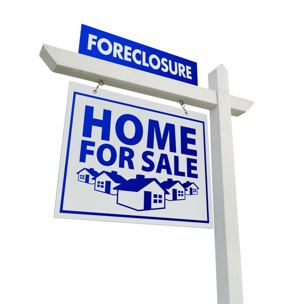 Photo blue foreclosure home for sale real estate sign on white