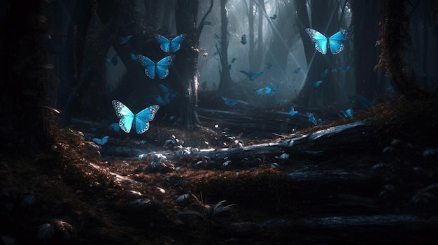 A blue forest at sunset filled with magical butterflies dancing in the soft light