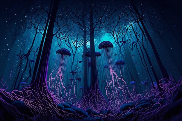 A blue forest with mushrooms and the words'blue forest '