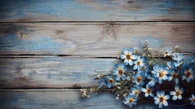 Blue forget me not flowers on a wooden background