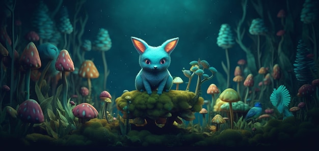 A blue fox stands on a mushroom patch with a blue fox on it.