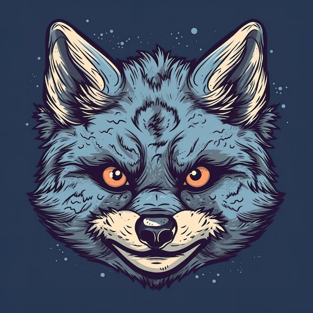 A blue fox with a blue face and orange eyes.