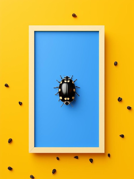 Blue frame with white card and ladybugs on yellow background mockup top view flat lay layout