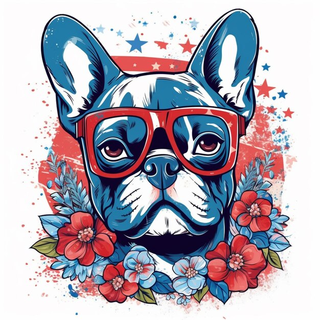 Photo a blue french bulldog wearing glasses and flowers generative ai